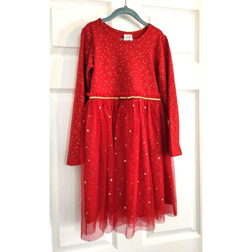 Hanna Andersson Red Tulle Dress Gold STARS & Sparkle EUC Girls SZ 120 US 6-7